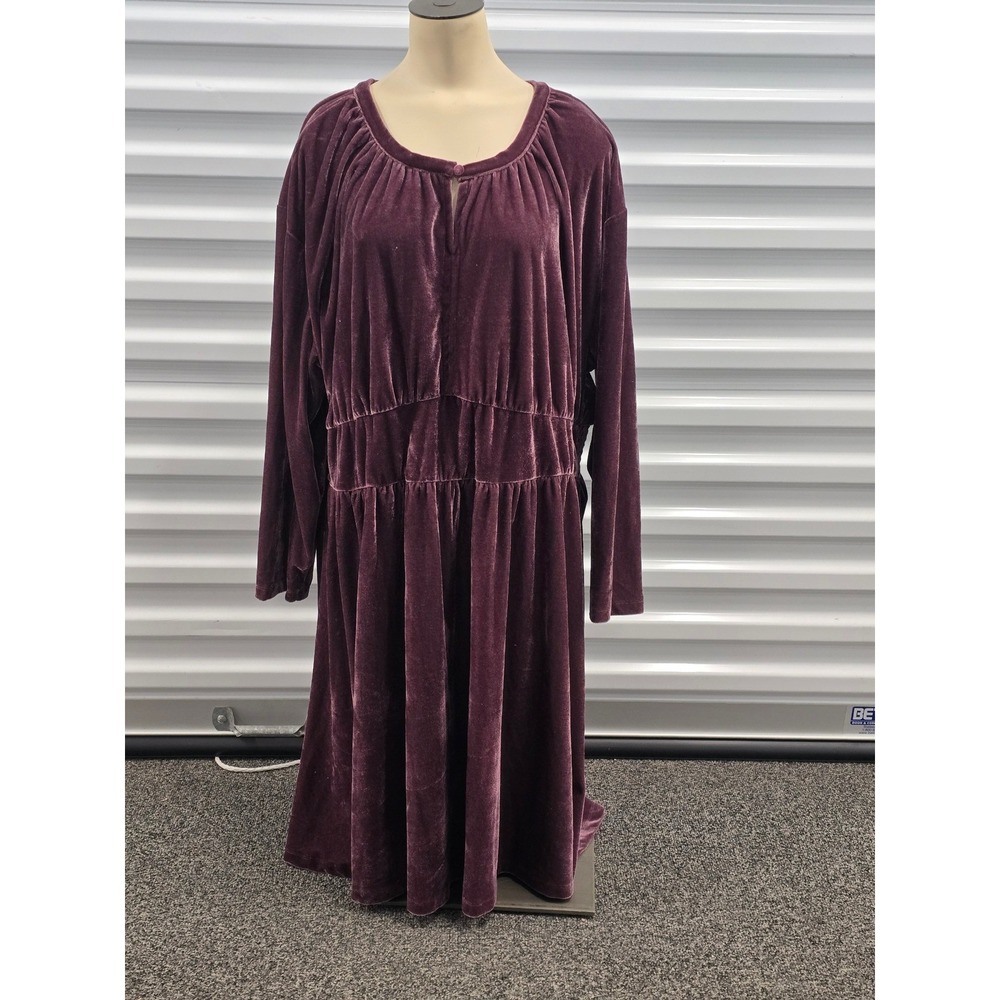 Womens 2X Plum Purple Velvet Smocked Waist Long Sleeve Midi Dress Goth Boho